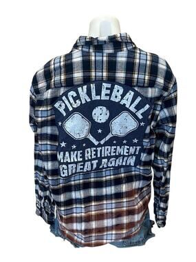 PickleBall Plaid Flannel Button Down Shirt LARGE Funny Blue Retirement Unique